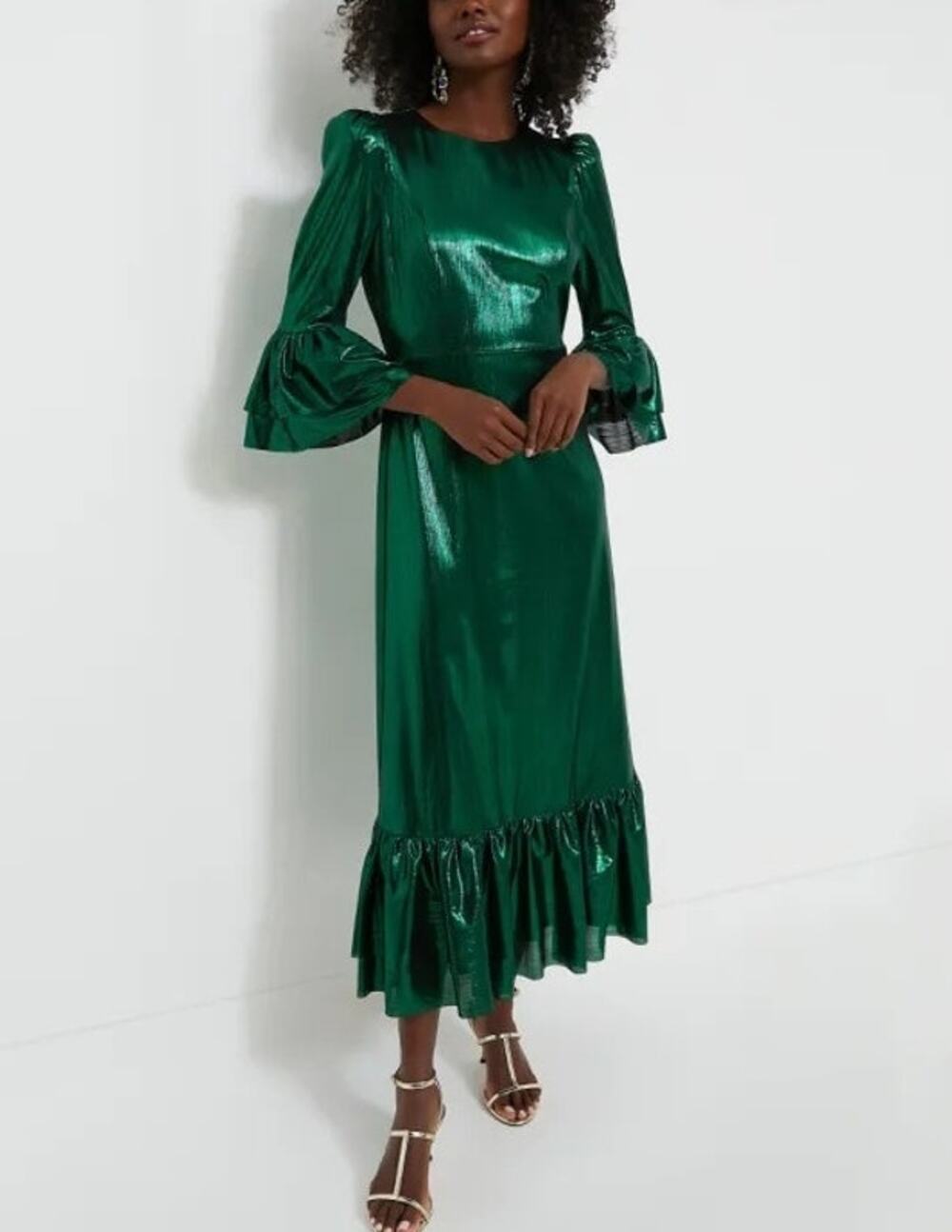 NWT Pomander Place Lilith Midi Dress Crinkle Lurex Emerald Green Womens Size S